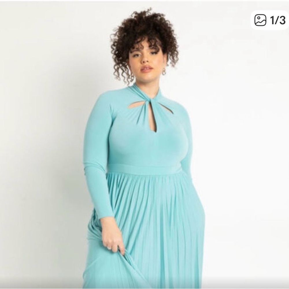 Elegant Teal Maxi Dress | Long Sleeve Keyhole Neckline | Flowy Pleated Skirt |